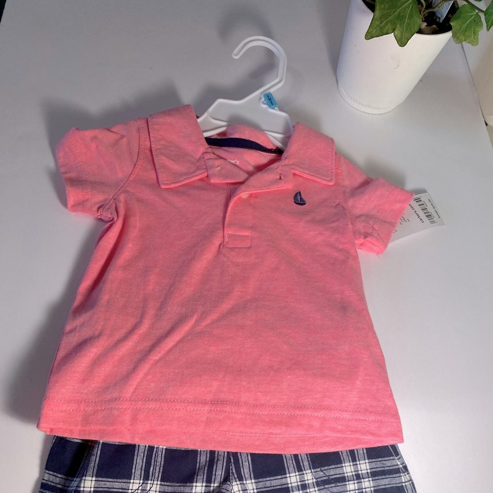 Light pink shirt with dark blue plaid shorts set(nwot)